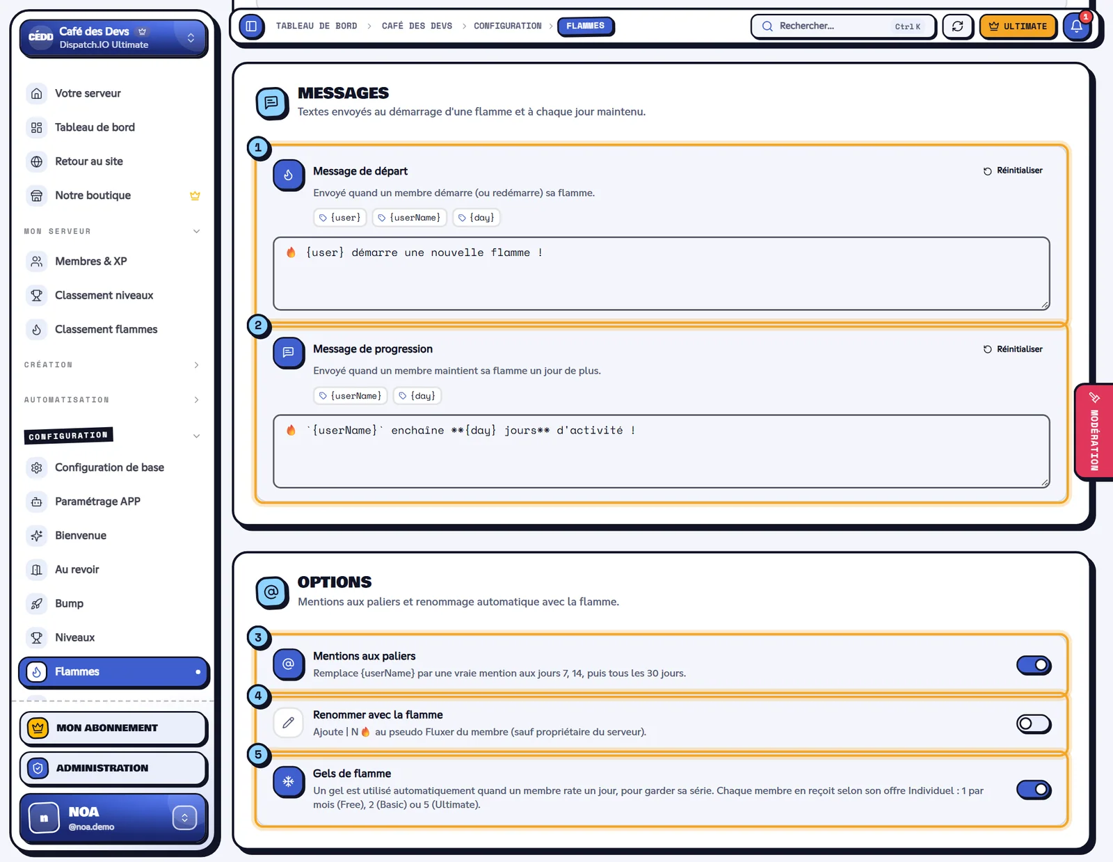 Les deux messages et les trois options. Blocs Messages et Options de la page Flammes