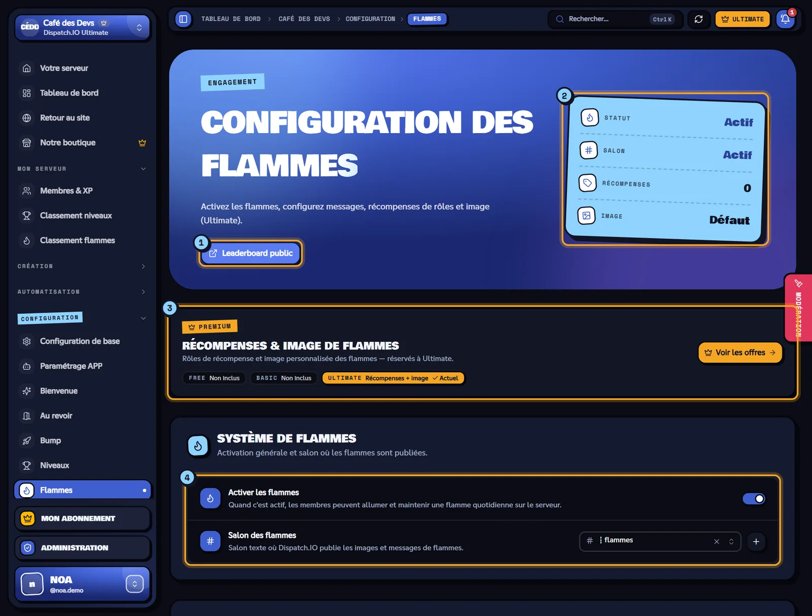 La page Flammes du serveur Café des Devs. Page Configuration des flammes avec les indicateurs, le bandeau Ultimate et le système de flammes