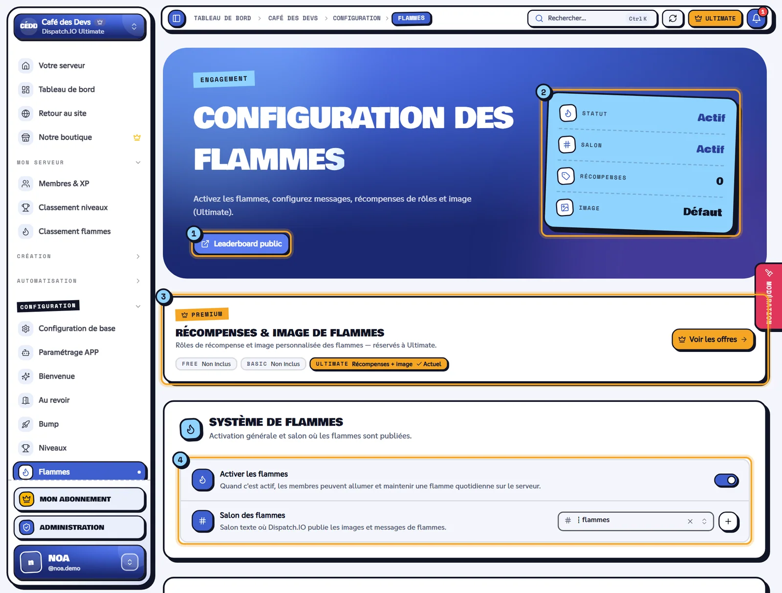 La page Flammes du serveur Café des Devs. Page Configuration des flammes avec les indicateurs, le bandeau Ultimate et le système de flammes