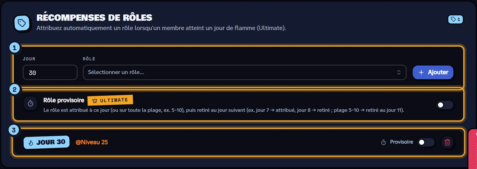 Une récompense au jour 30 (offre Ultimate). Bloc Récompenses de rôles des flammes avec une récompense au jour 30