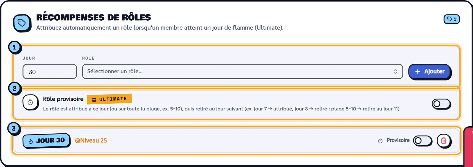 Une récompense au jour 30 (offre Ultimate). Bloc Récompenses de rôles des flammes avec une récompense au jour 30