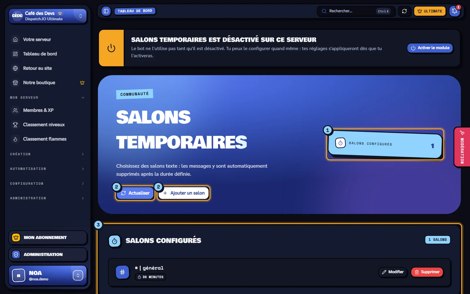 La page Salons temporaires. Page Salons temporaires avec un salon configuré