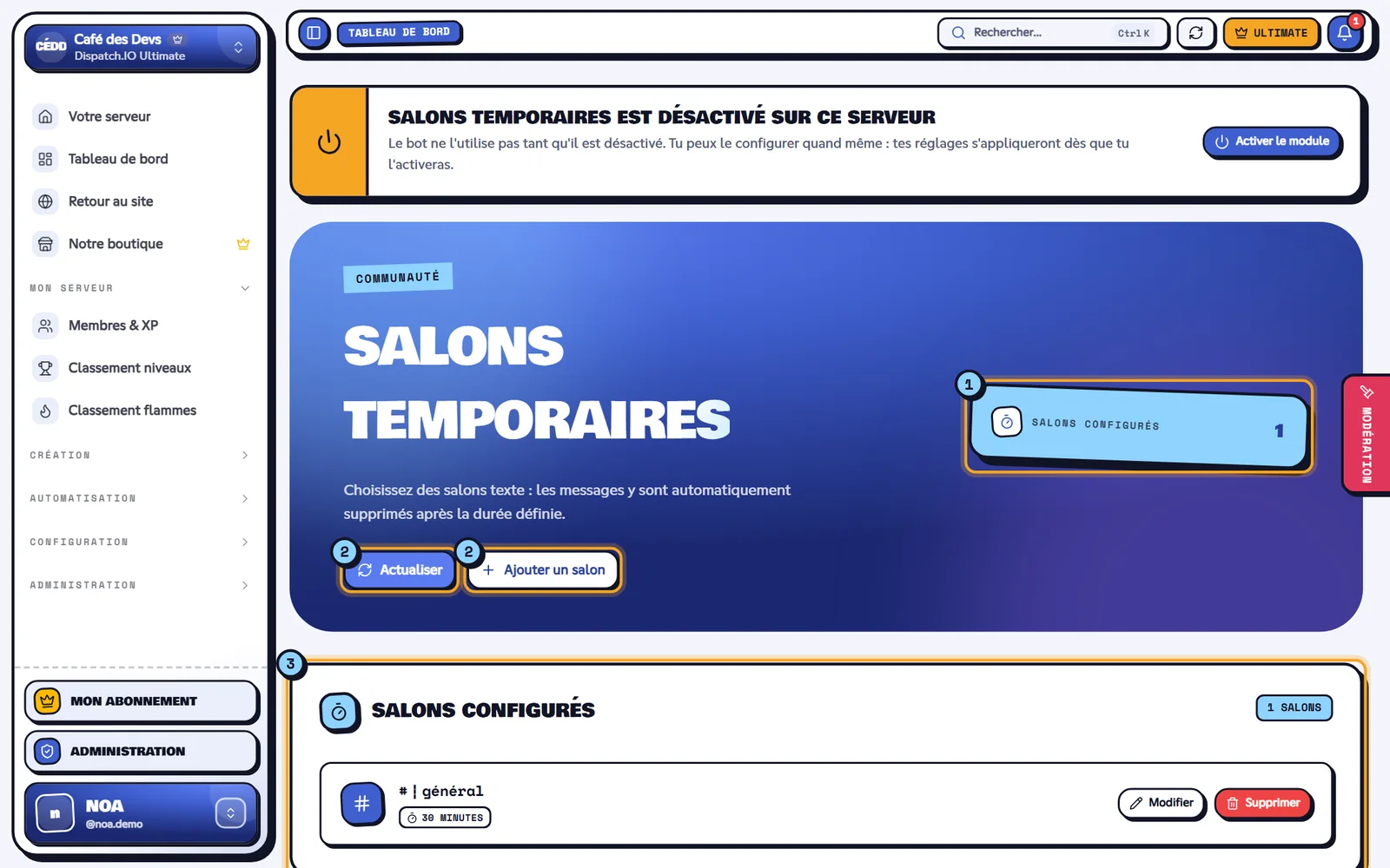 La page Salons temporaires. Page Salons temporaires avec un salon configuré