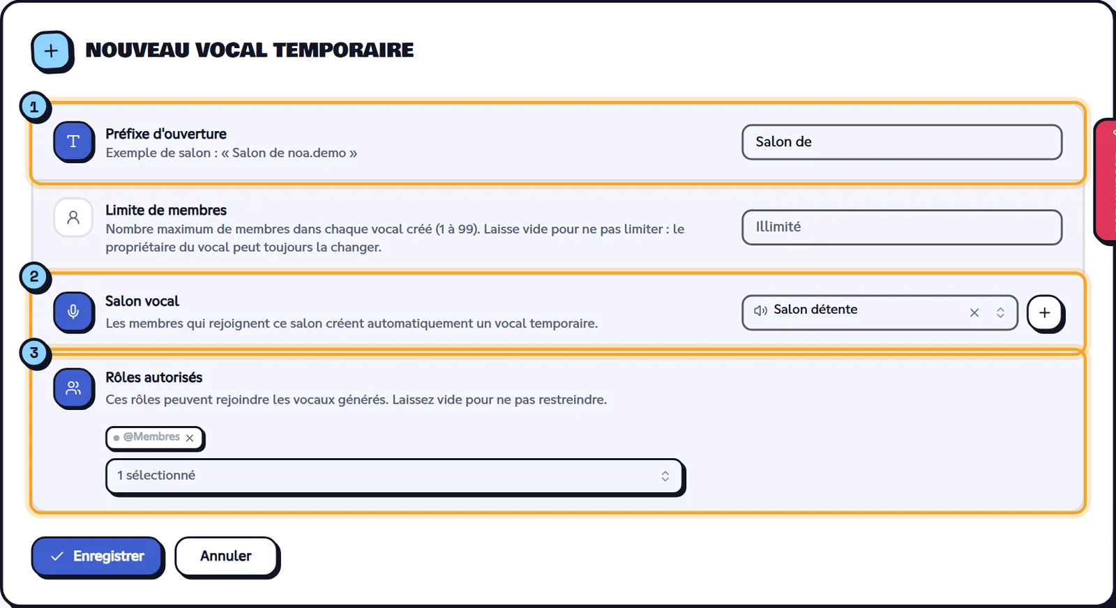 Le formulaire d'ajout d'un salon créateur. Formulaire Nouveau vocal temporaire