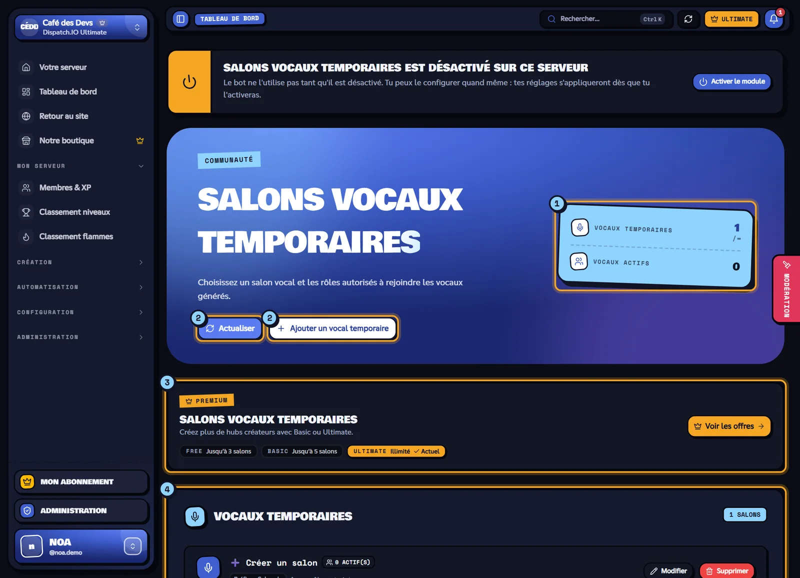 La page Salons vocaux temporaires. Page Salons vocaux temporaires avec le salon créateur « ➕ Créer un salon »