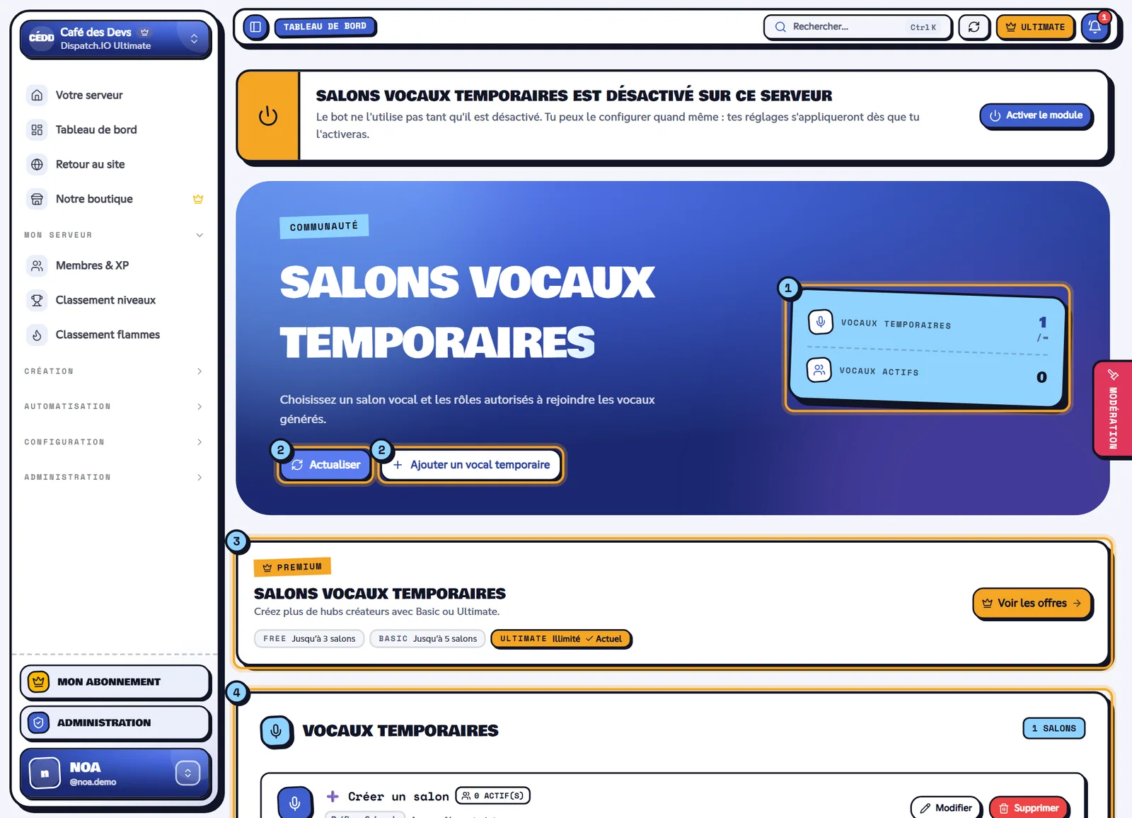 La page Salons vocaux temporaires. Page Salons vocaux temporaires avec le salon créateur « ➕ Créer un salon »