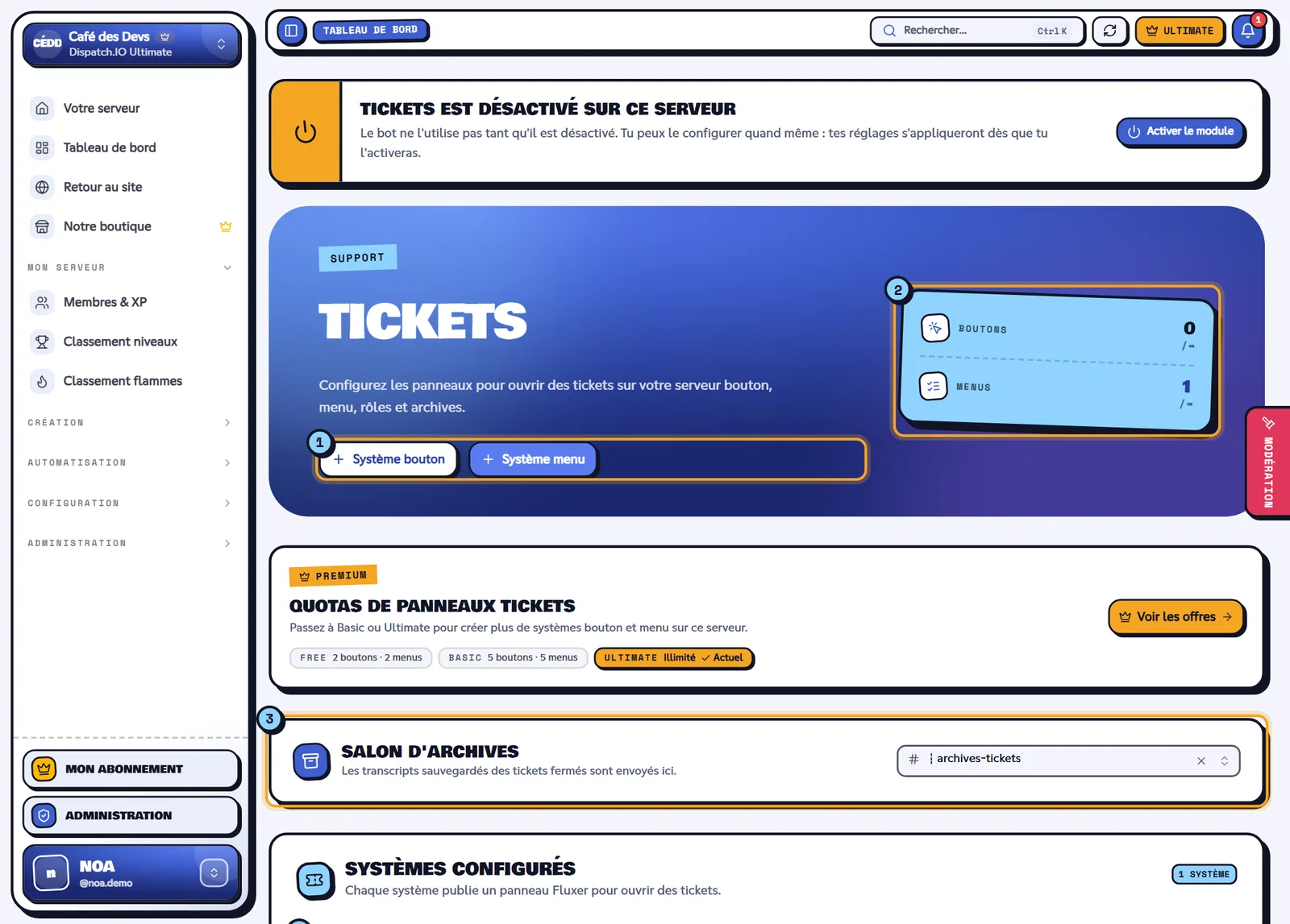 Page Tickets avec les quotas, le salon d'archives et les systèmes configurés