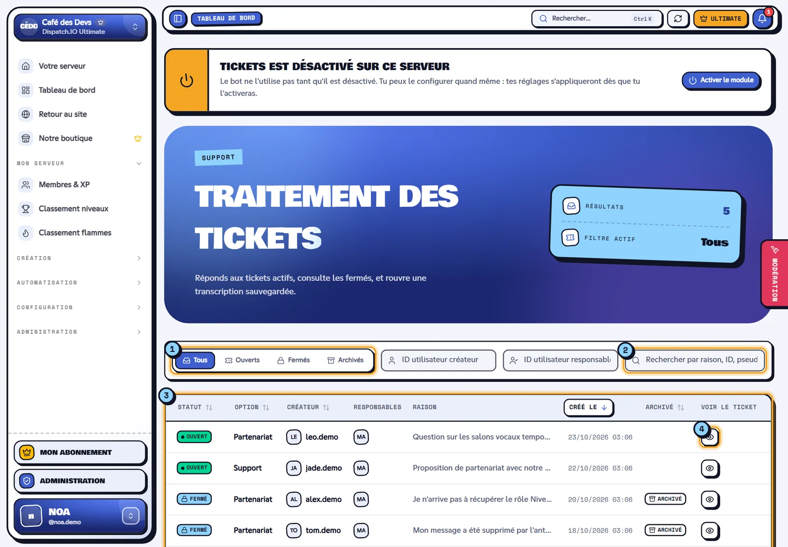 Liste des tickets avec les filtres de statut, la recherche et le tableau