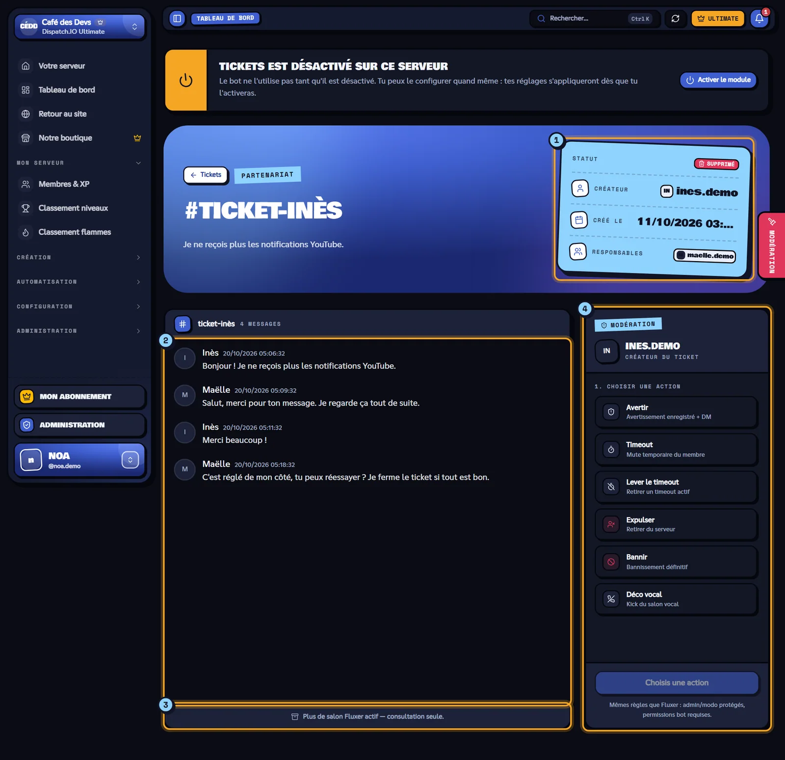 Espace de travail d'un ticket supprimé avec sa transcription sauvegardée et le panneau de modération