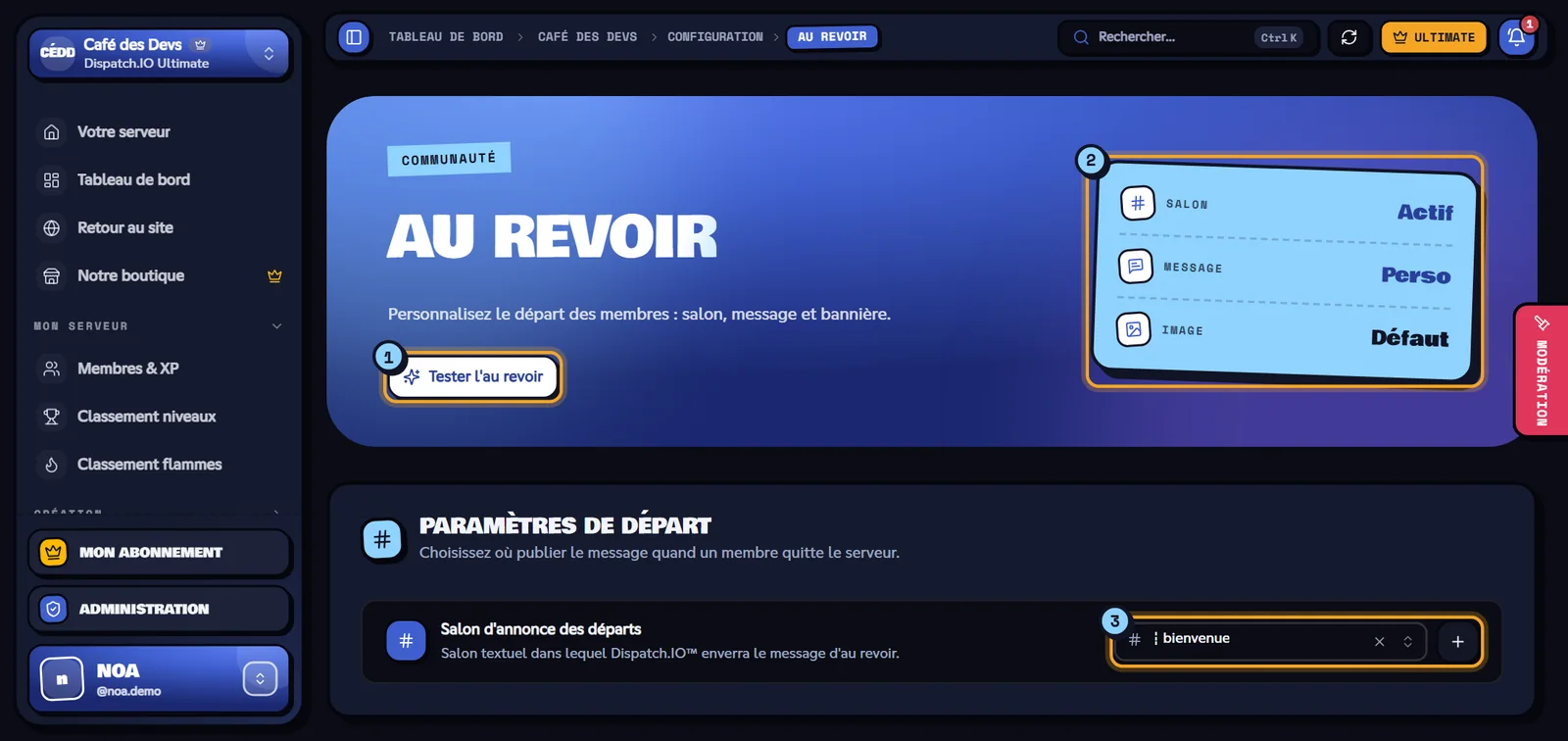 La page Au revoir : même formulaire, sans les rôles. Page Au revoir avec trois indicateurs et le salon des départs