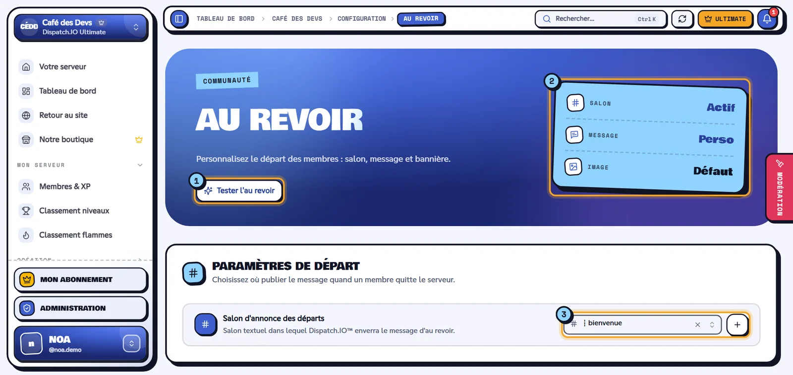 La page Au revoir : même formulaire, sans les rôles. Page Au revoir avec trois indicateurs et le salon des départs