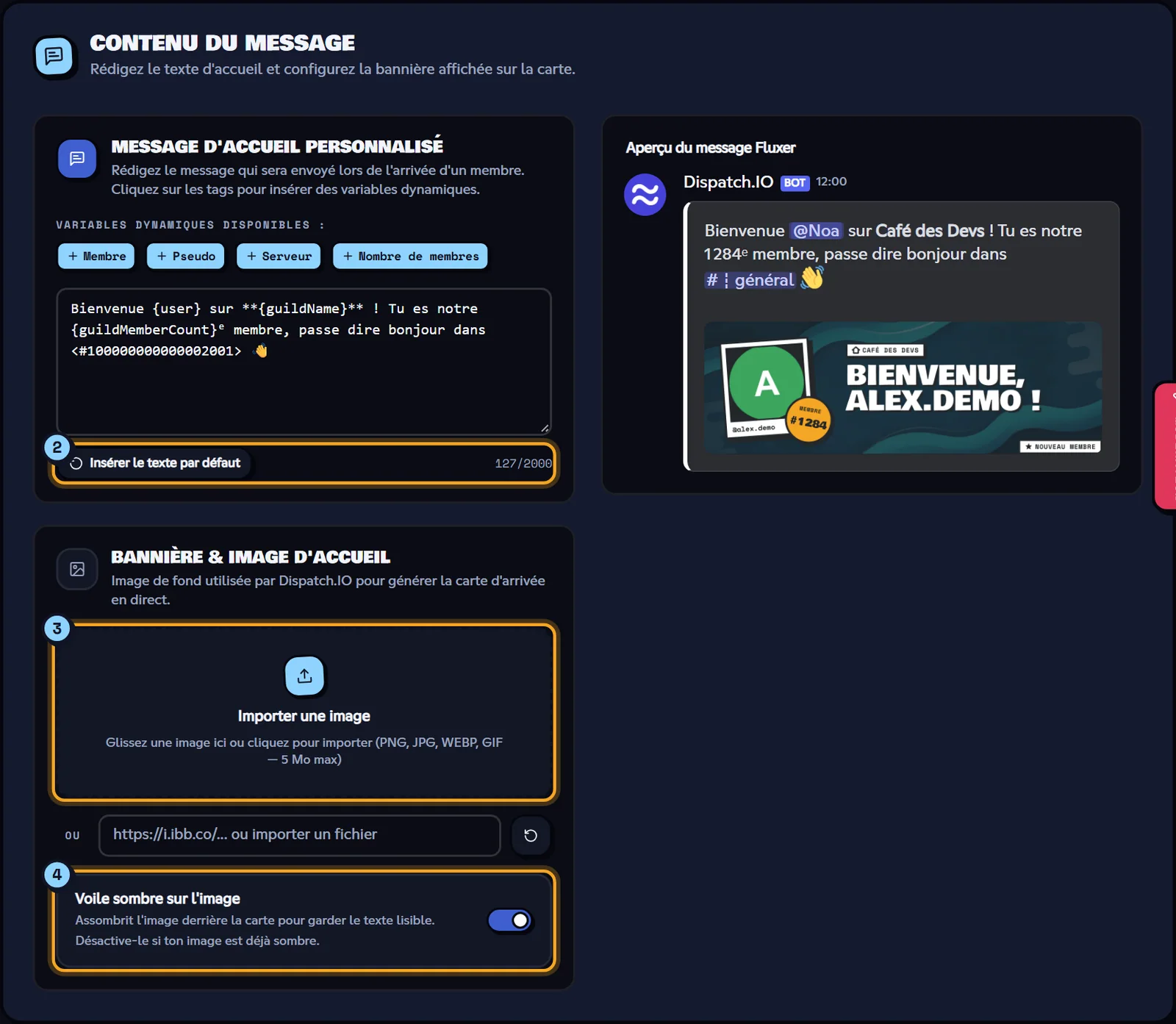 Le message, l'image et l'aperçu en direct, avant enregistrement. Contenu du message de bienvenue avec les variables, l'image de fond et l'aperçu Fluxer