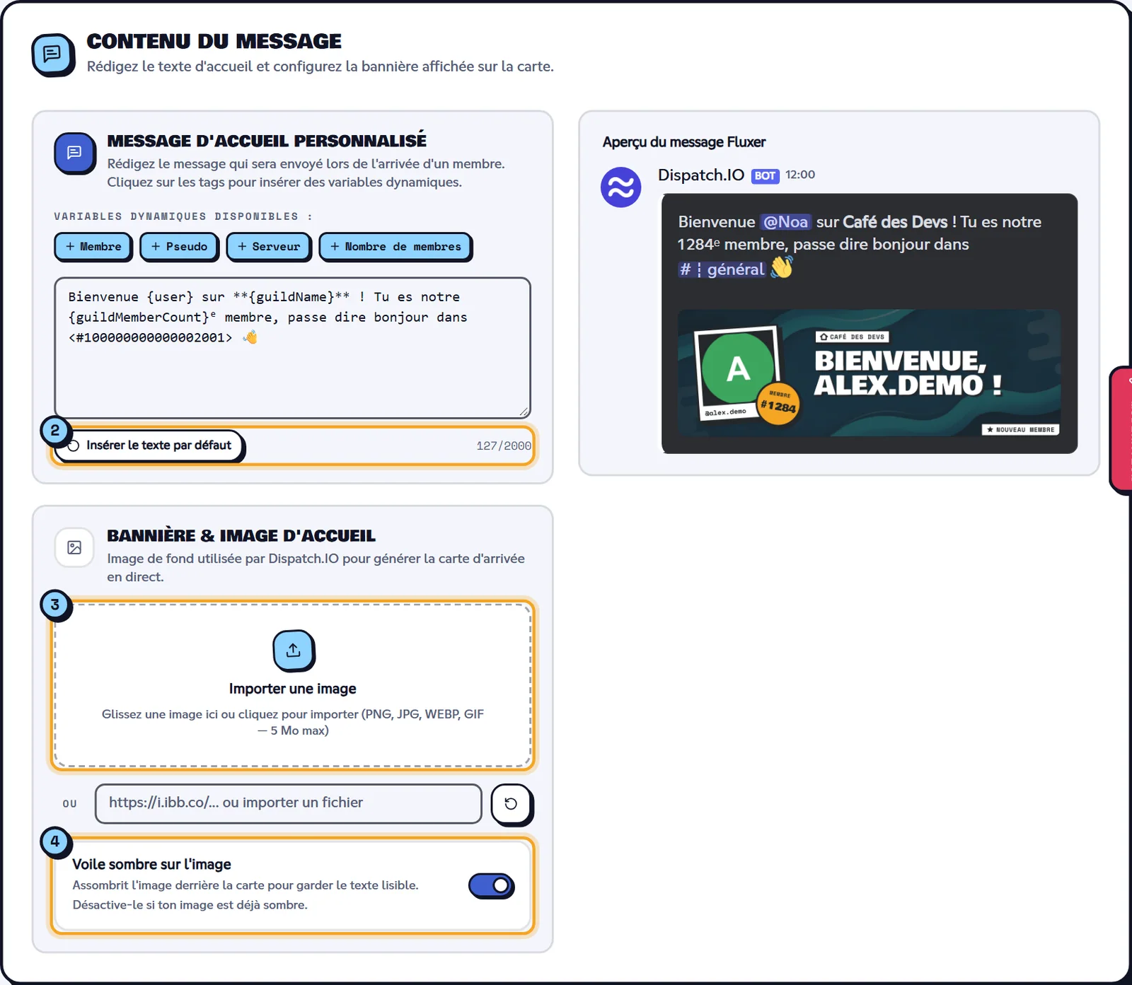 Le message, l'image et l'aperçu en direct, avant enregistrement. Contenu du message de bienvenue avec les variables, l'image de fond et l'aperçu Fluxer