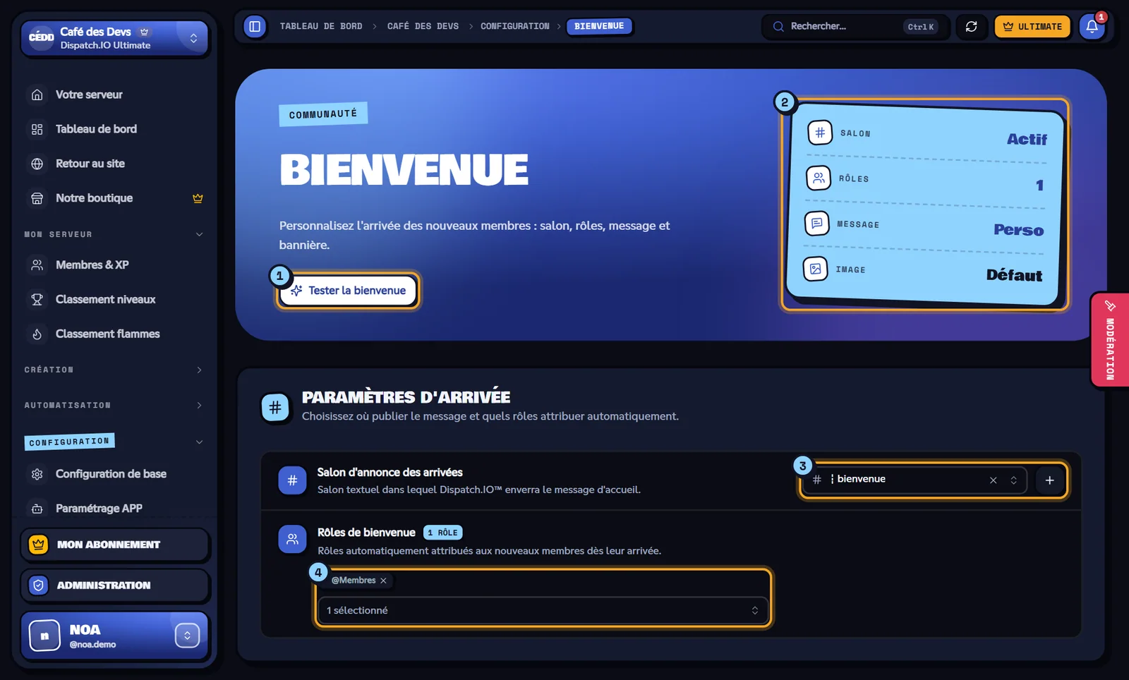 La page Bienvenue du serveur Café des Devs. Page Bienvenue avec le bouton de test, les indicateurs et les paramètres d'arrivée