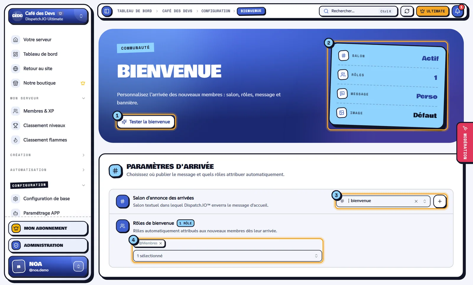 La page Bienvenue du serveur Café des Devs. Page Bienvenue avec le bouton de test, les indicateurs et les paramètres d'arrivée