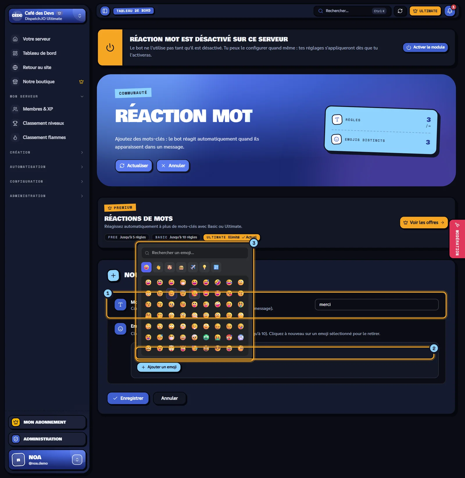 Le formulaire de création, sélecteur d'emojis ouvert. Formulaire Nouvelle réaction mot avec le sélecteur d'emojis ouvert