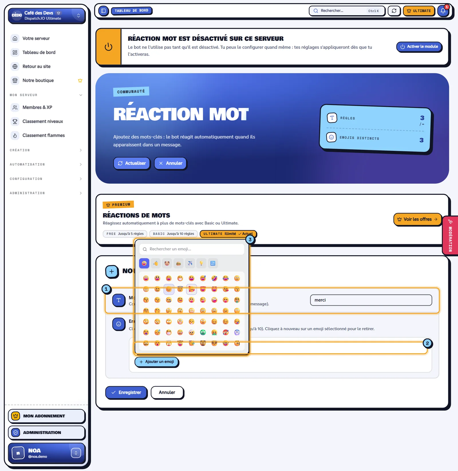 Le formulaire de création, sélecteur d'emojis ouvert. Formulaire Nouvelle réaction mot avec le sélecteur d'emojis ouvert