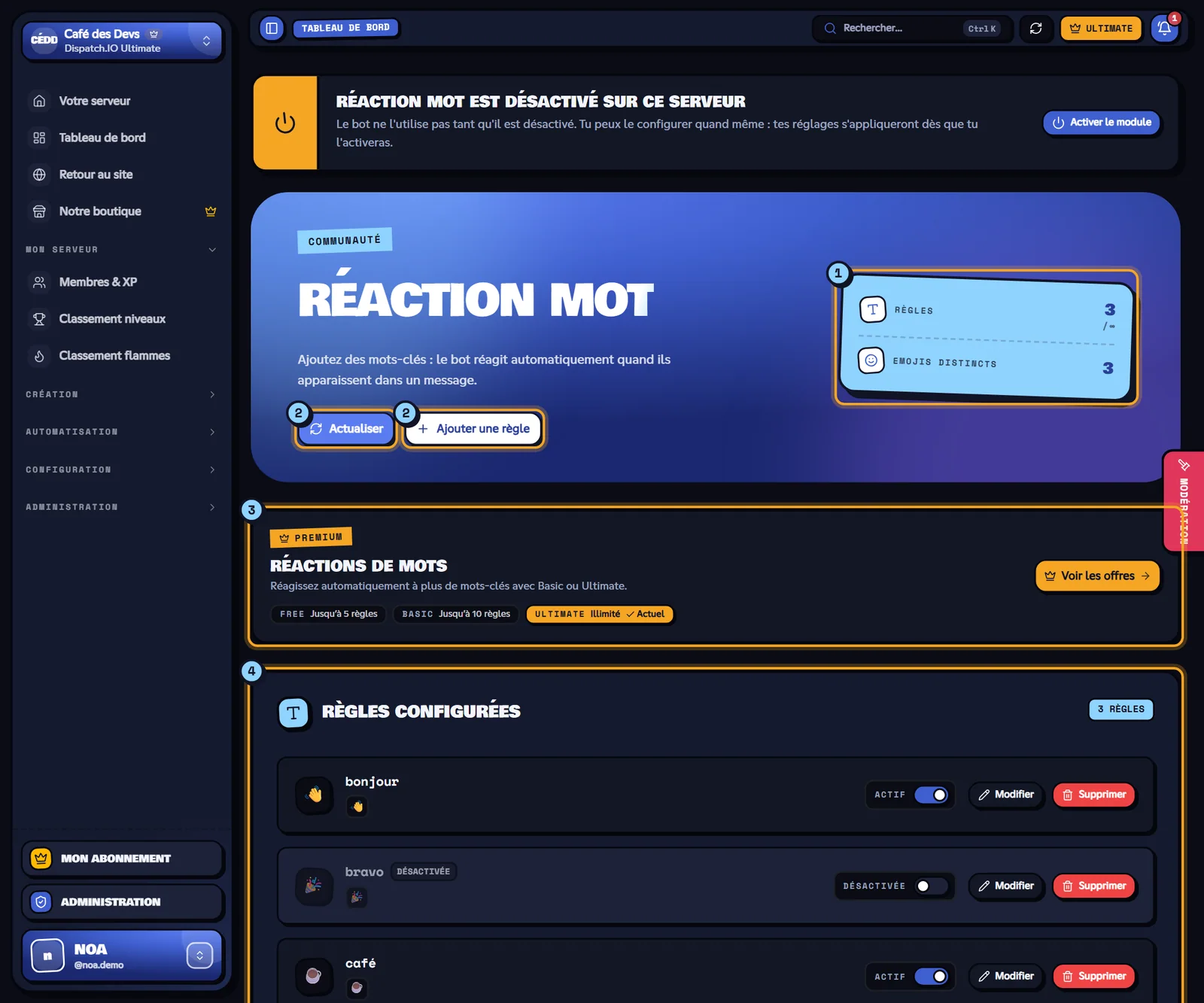 La page Réaction mot du serveur Café des Devs. Page Réaction mot avec trois règles configurées