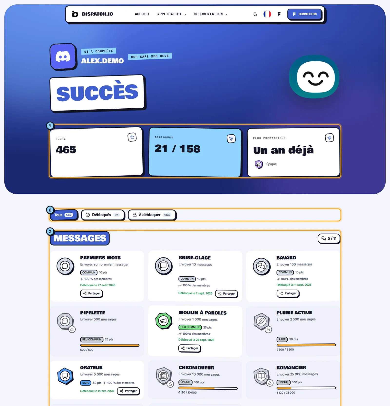La page des succès d'un membre. Page des succès d'Alex sur Café des Devs : score, succès débloqués, filtres et catégories