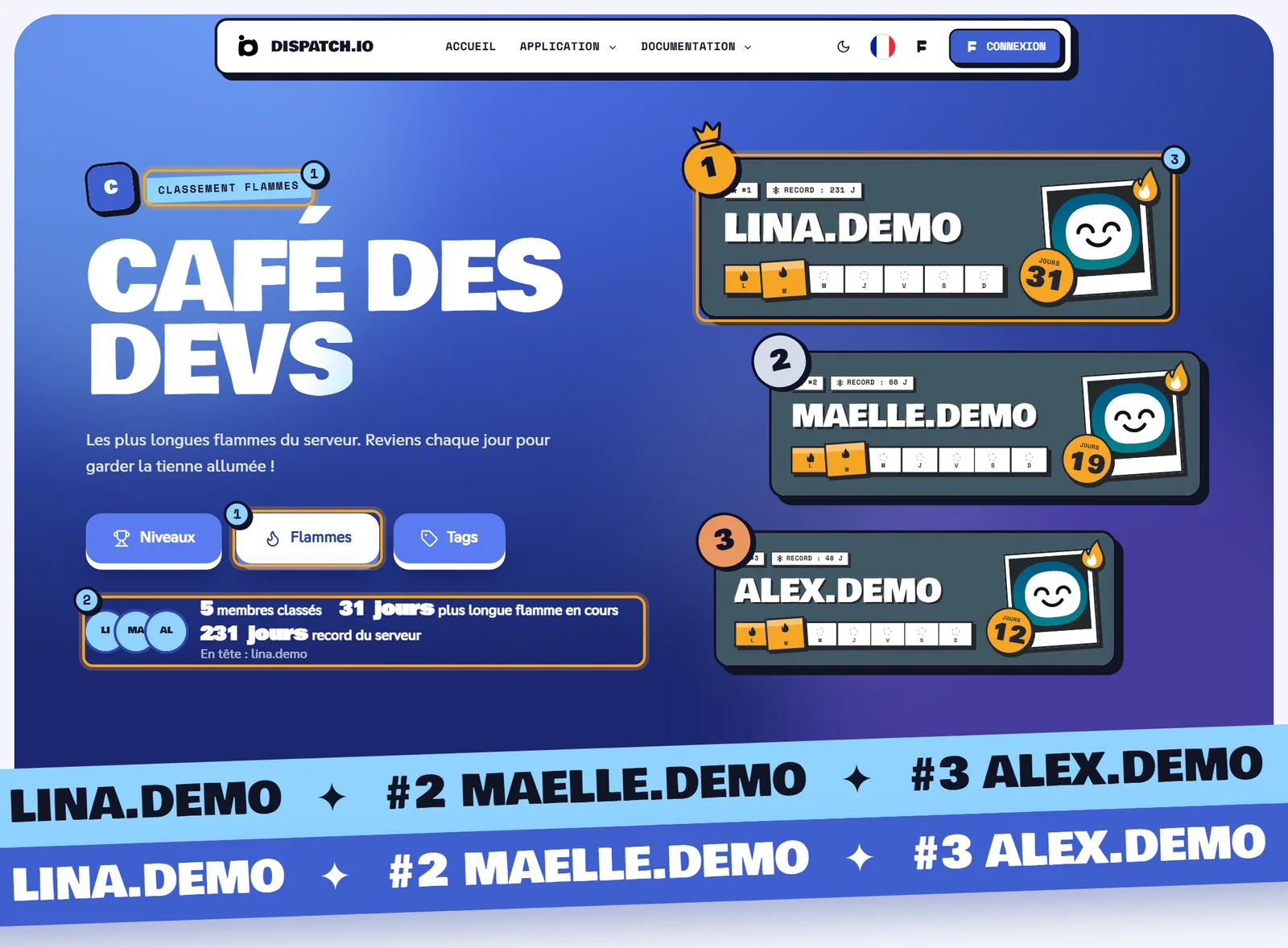 Le classement des flammes Classement des flammes de Café des Devs : en-tête avec le bouton Flammes actif, chiffres clés et podium de cartes de flamme avec les jours de la semaine