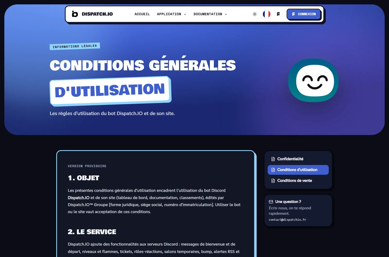 Les pages légales sont en cours d'écriture Page Conditions générales d'utilisation : titre, résumé et encadré indiquant que la page est en construction