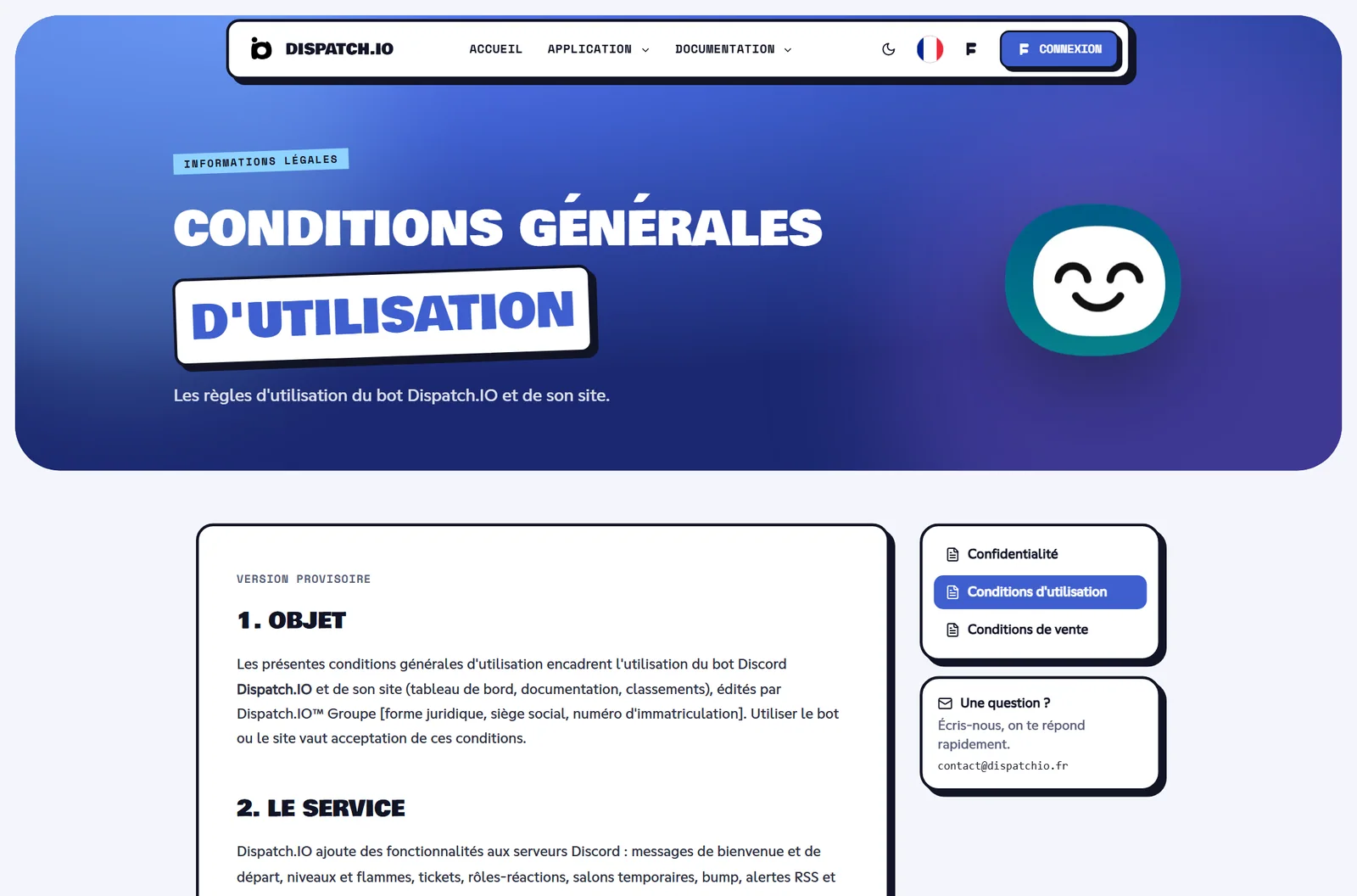 Les pages légales sont en cours d'écriture Page Conditions générales d'utilisation : titre, résumé et encadré indiquant que la page est en construction
