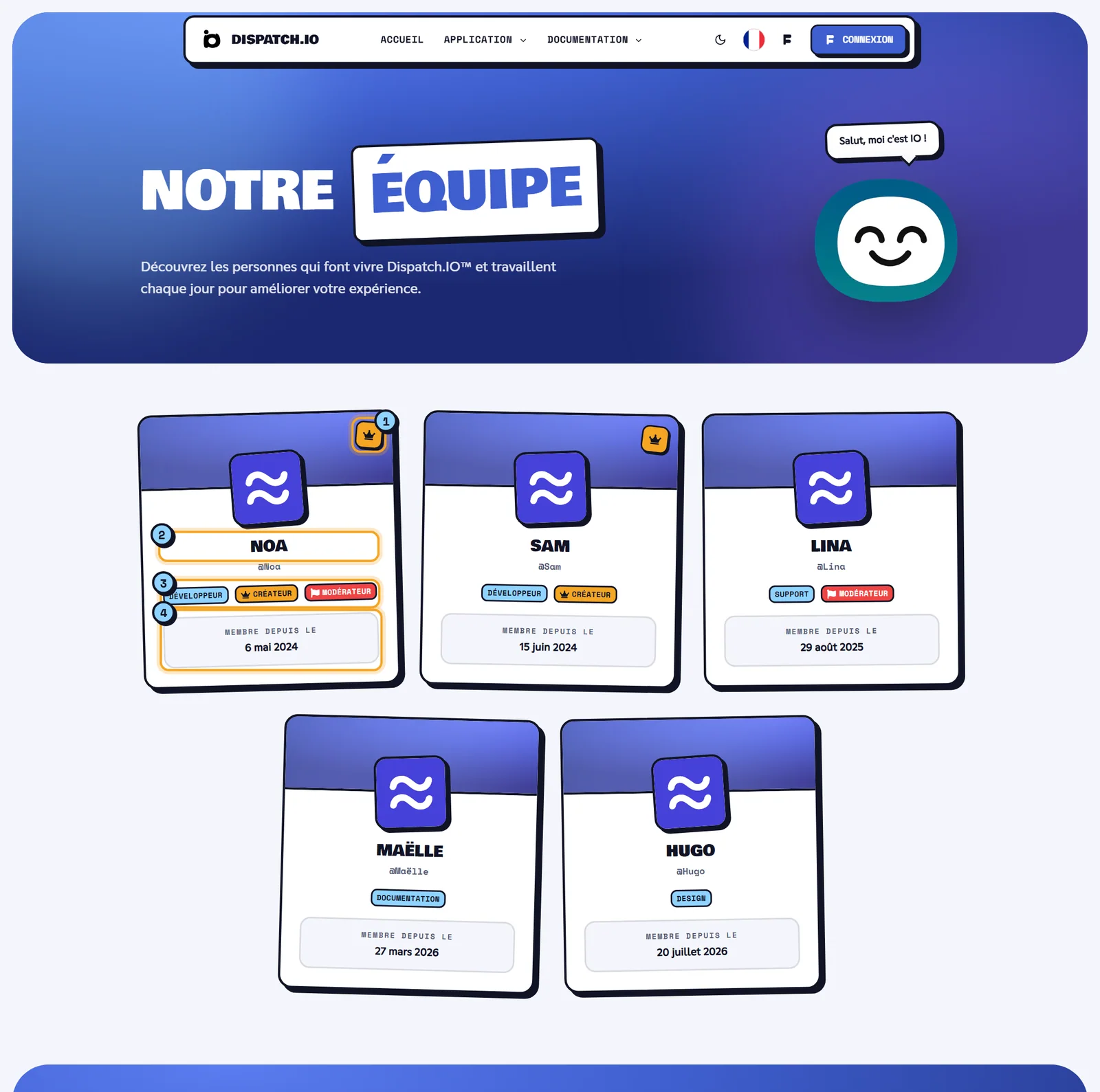La page Notre Équipe Page Notre Équipe : grille de cartes de membres avec bannière bleue, avatar, nom et badges