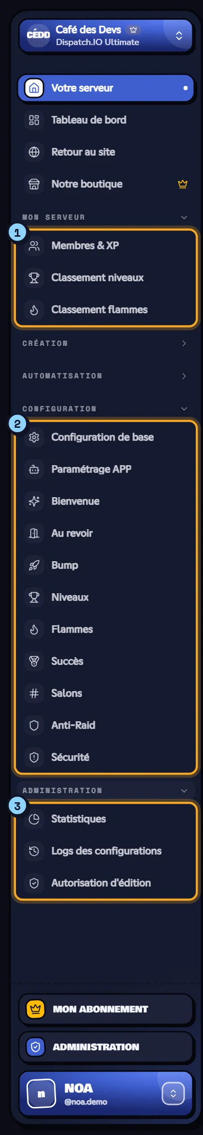 Menu du tableau de bord d'un serveur avec ses trois groupes