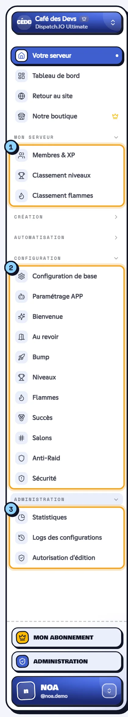 Menu du tableau de bord d'un serveur avec ses trois groupes