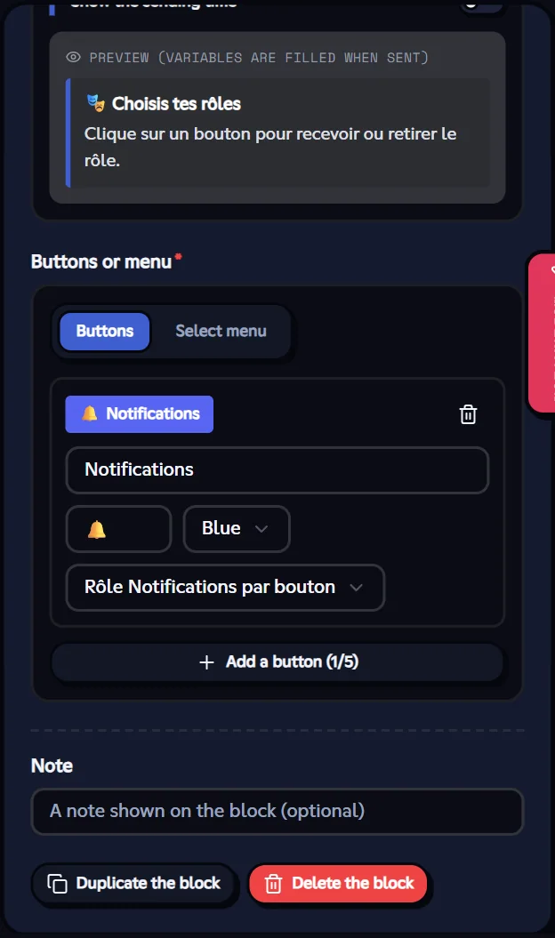 Settings of a message with buttons