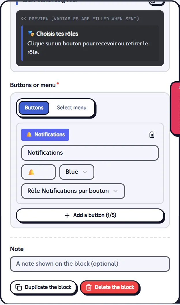 Settings of a message with buttons
