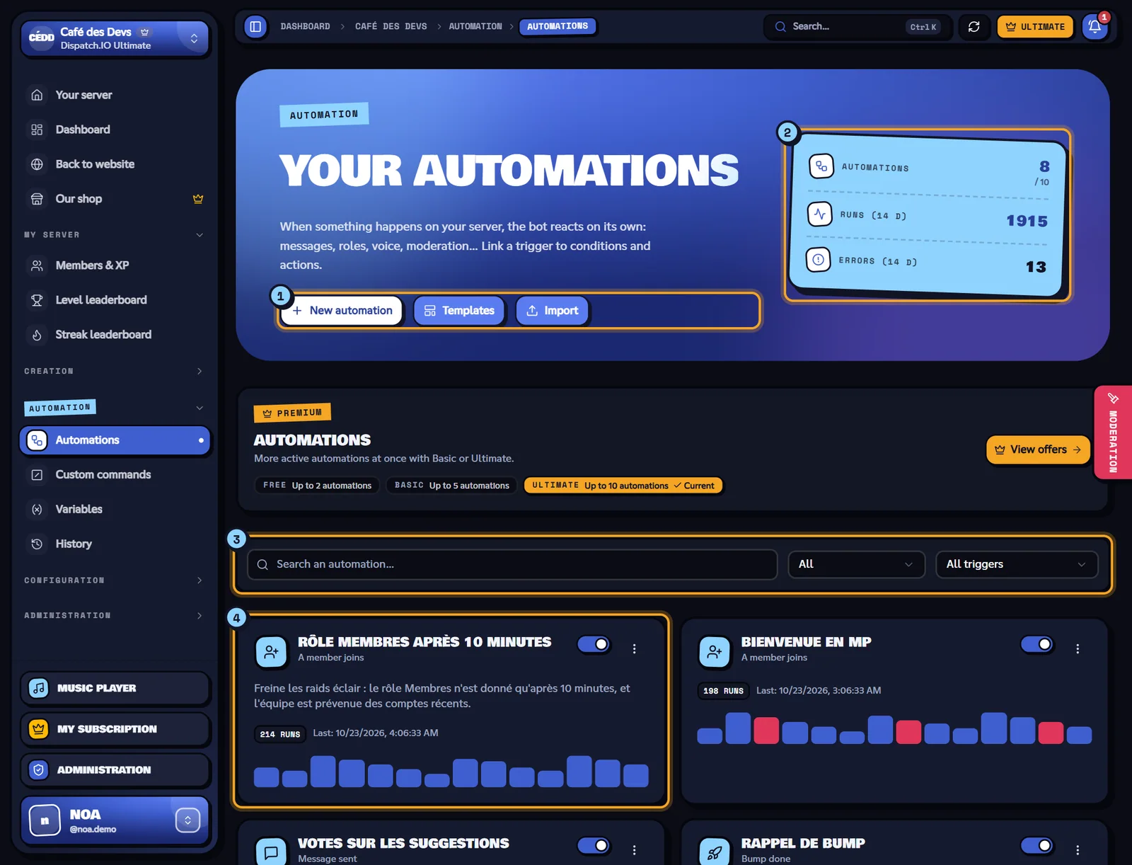 The Automations page. List of the automations of the Café des Devs server
