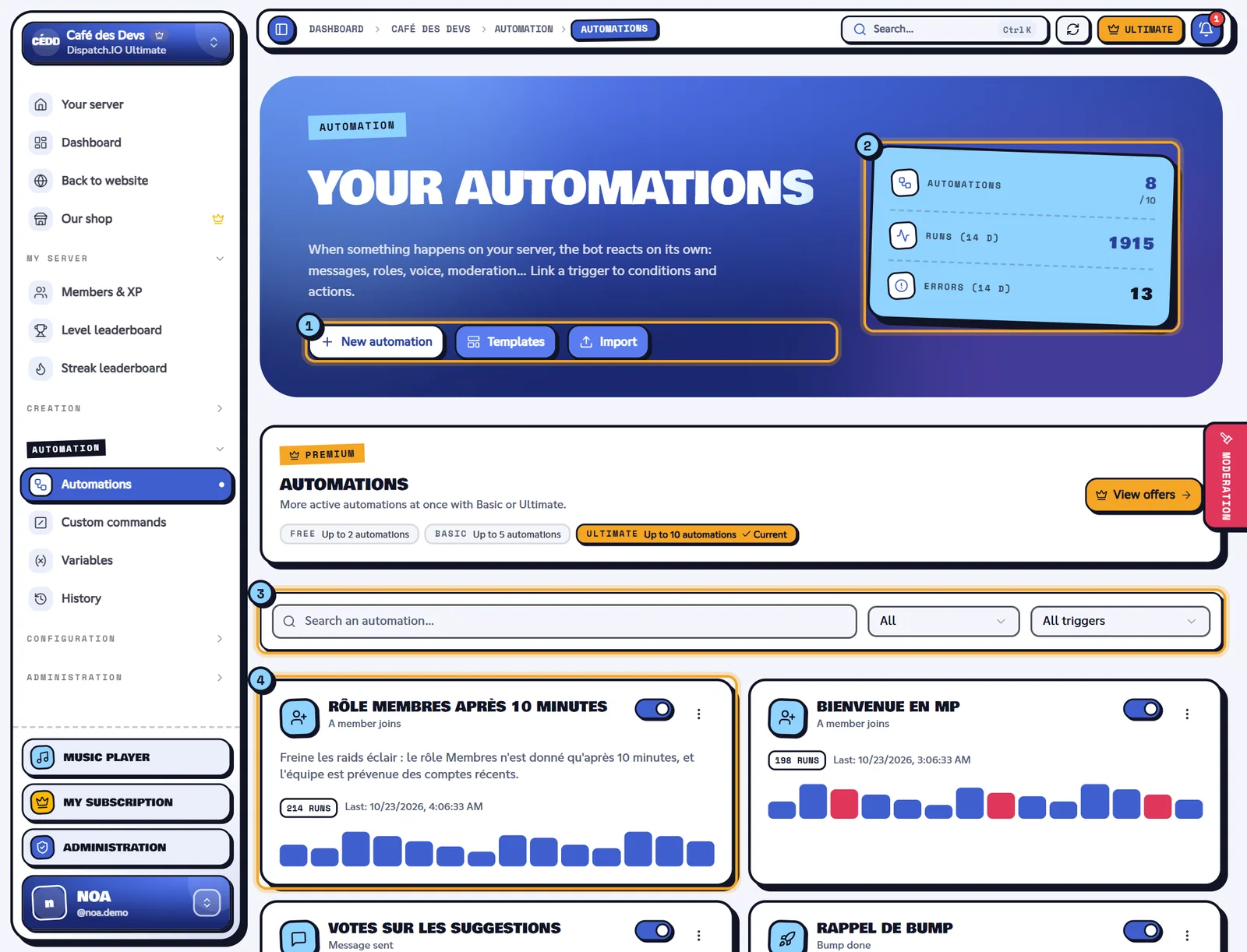 The Automations page. List of the automations of the Café des Devs server