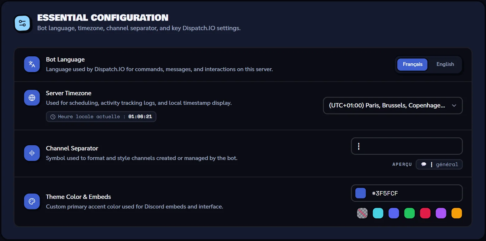 The website's Basic configuration page: language, time zone, separator and color, just like in /config. Basic configuration page of the dashboard