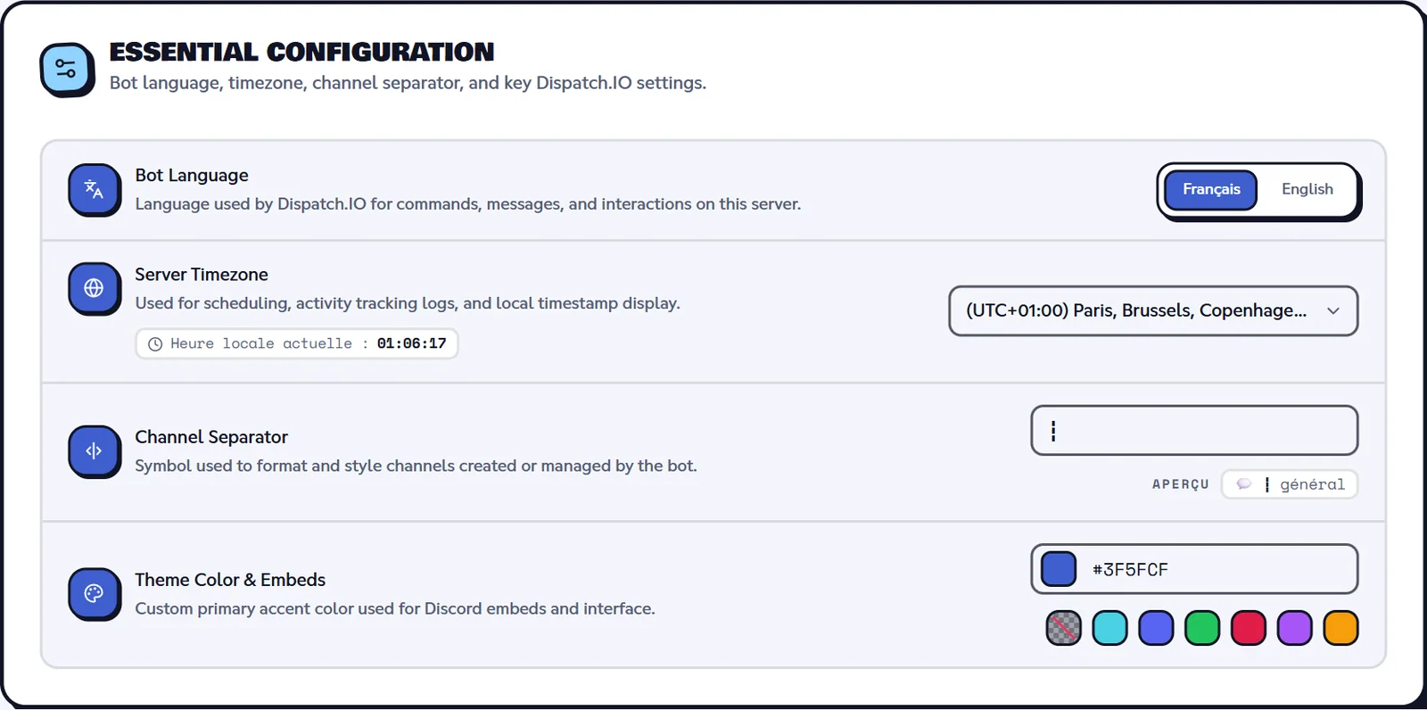 The website's Basic configuration page: language, time zone, separator and color, just like in /config. Basic configuration page of the dashboard