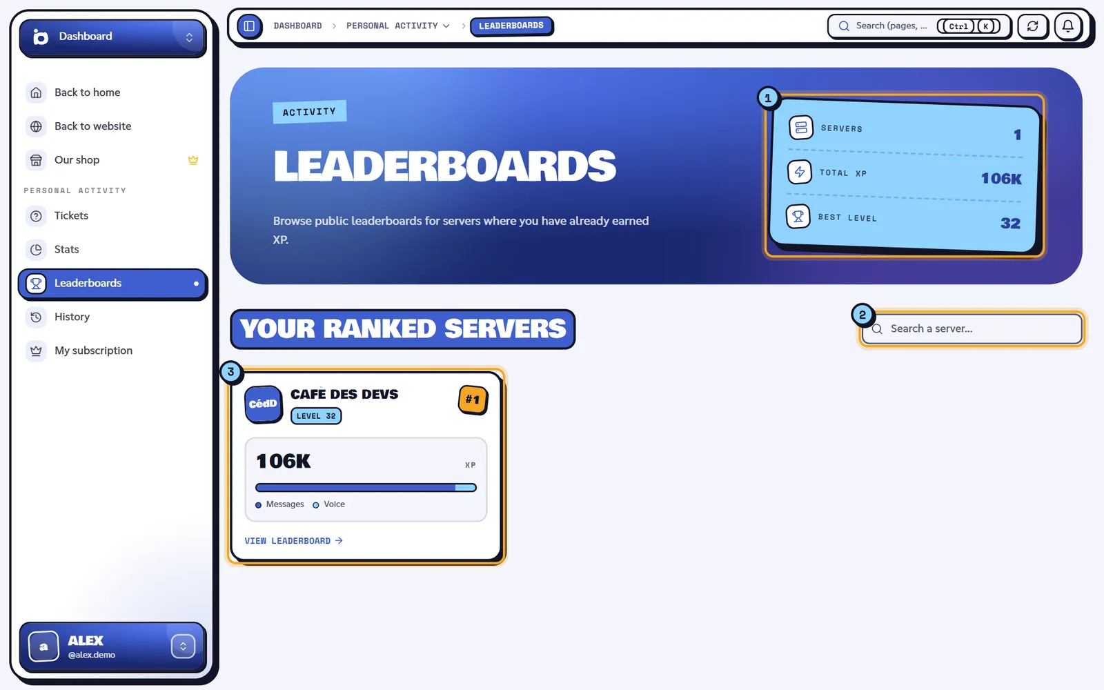 The Leaderboards page: the counters (1), the search (2) and a server card with its View leaderboard button (3). Leaderboards page with the counters and server cards