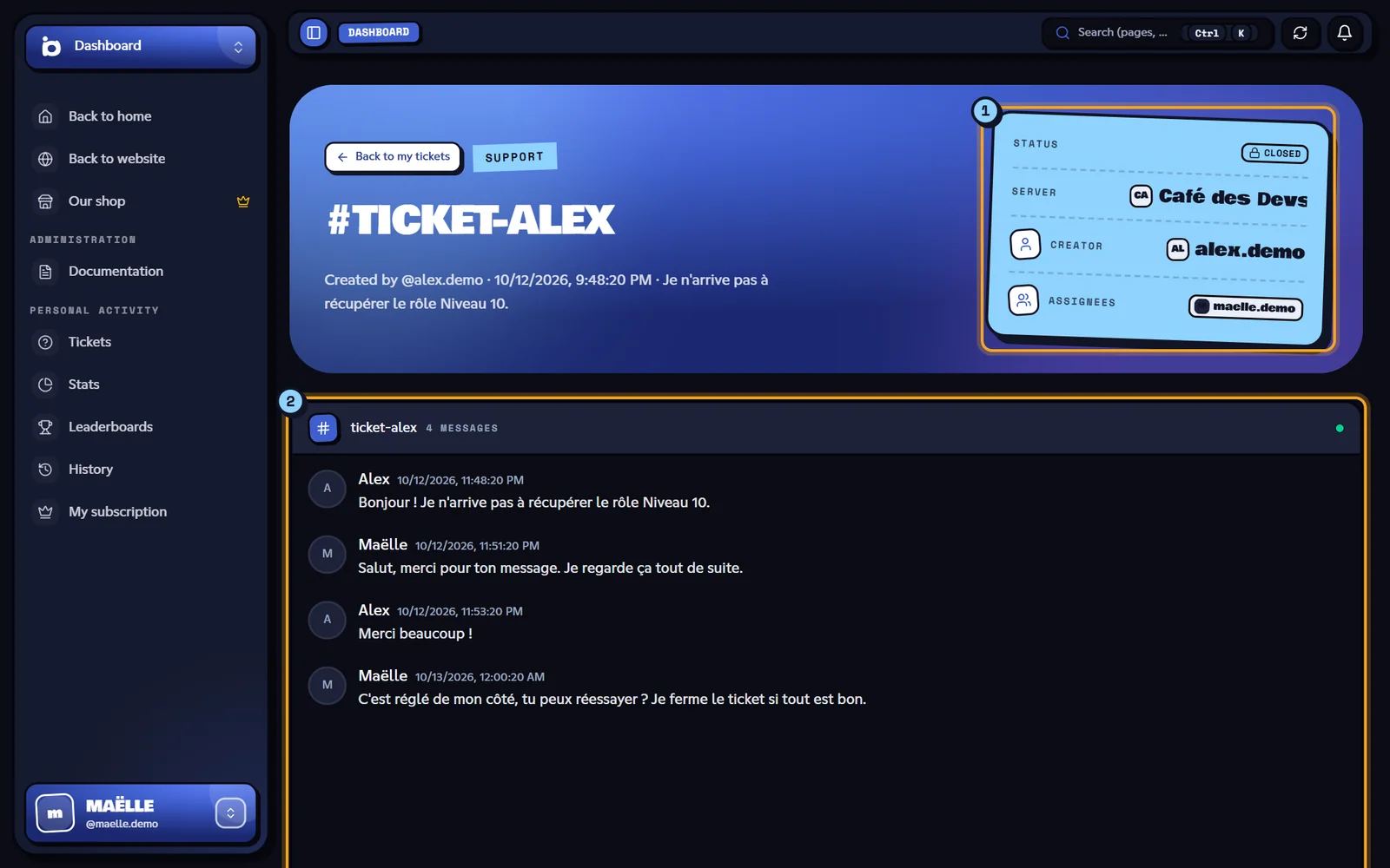 An archived ticket: its details (1) and its transcript (2). Page of an archived ticket with its details and transcript