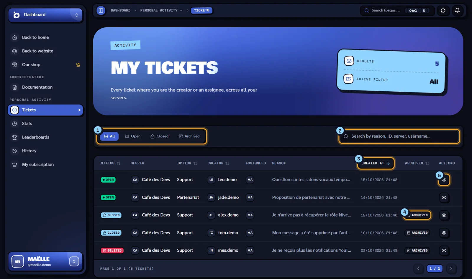 The My tickets page: the status filter (1), the search (2), a sortable column (3), the Archived badge (4) and the Open button (5). My tickets list with the filters, the search and the table