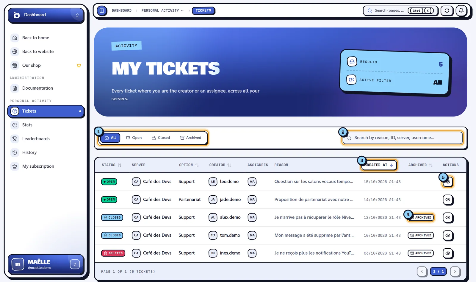 The My tickets page: the status filter (1), the search (2), a sortable column (3), the Archived badge (4) and the Open button (5). My tickets list with the filters, the search and the table