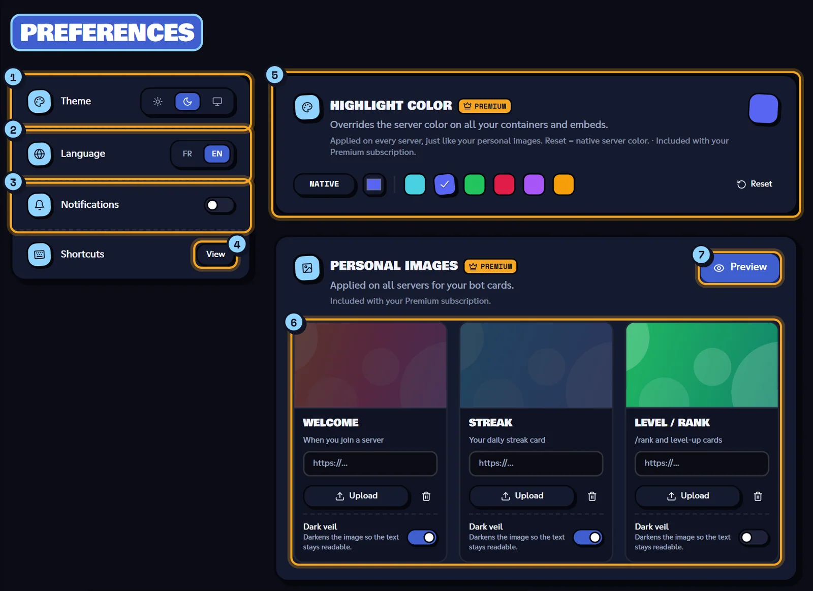 Preferences: Theme (1), Language (2), Notifications (3), Shortcuts (4), Highlight color (5), Personal images (6) and the Preview button (7). Preferences section with the settings, the highlight color and the personal images