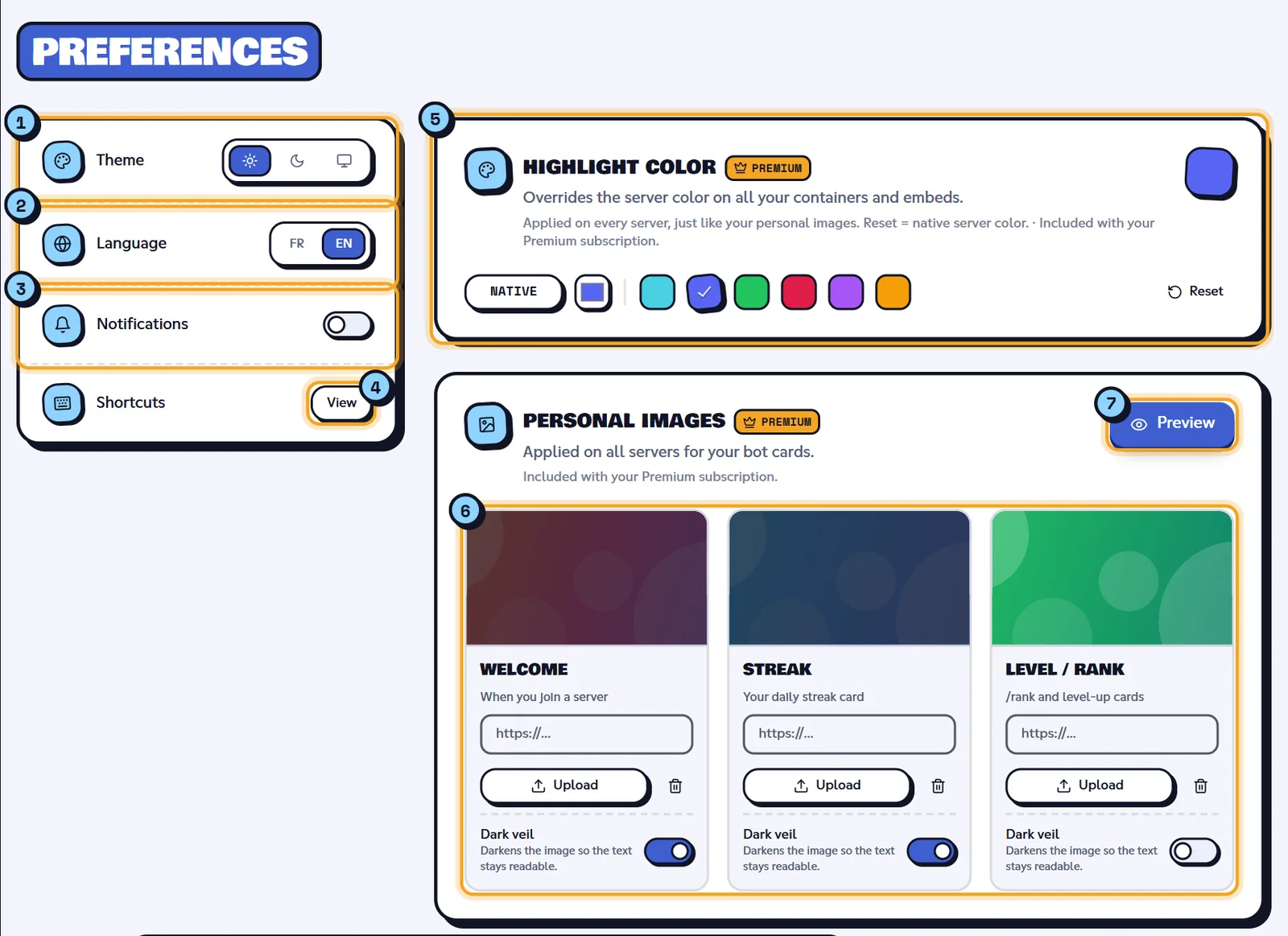 Preferences: Theme (1), Language (2), Notifications (3), Shortcuts (4), Highlight color (5), Personal images (6) and the Preview button (7). Preferences section with the settings, the highlight color and the personal images