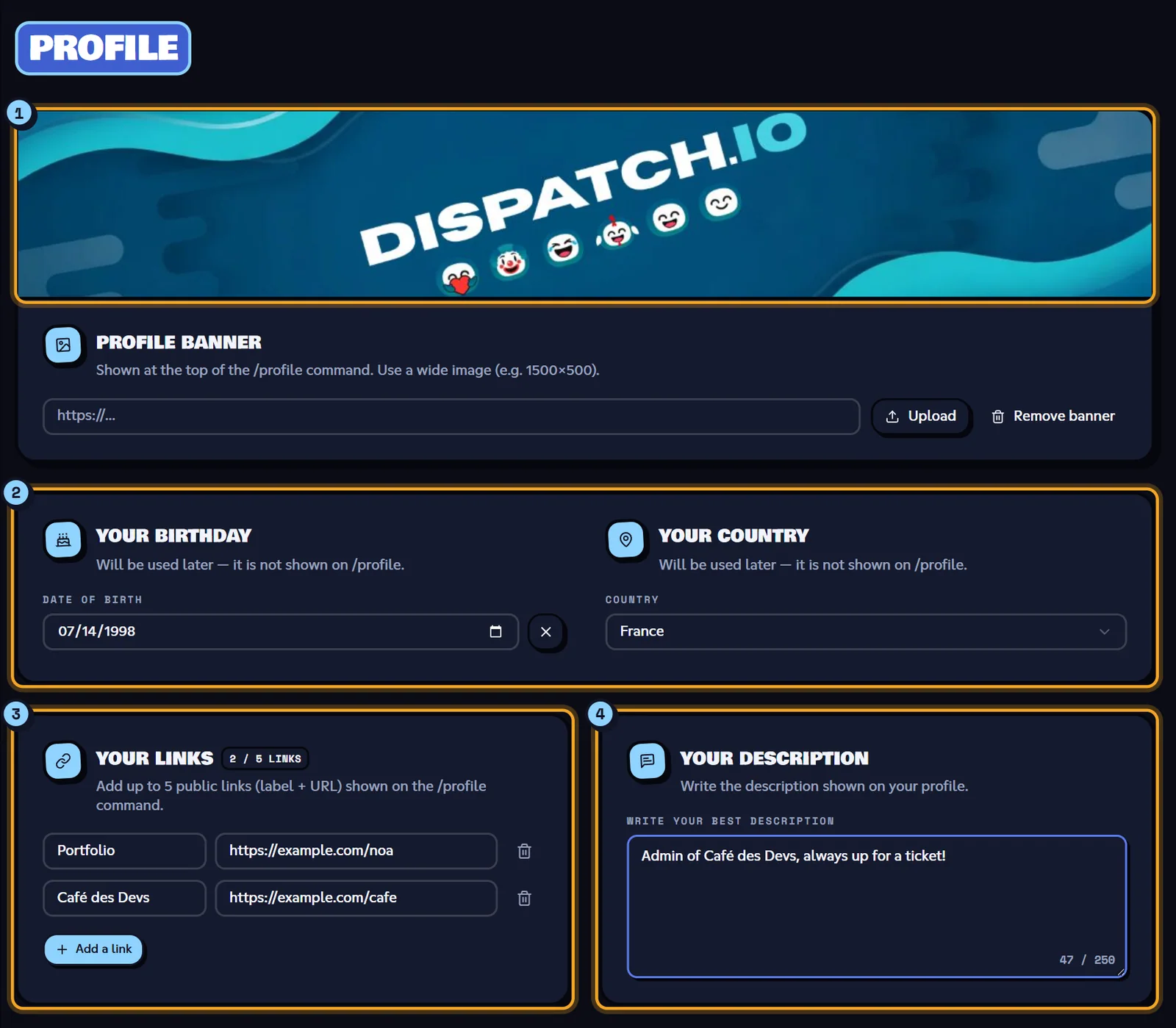 The Profile section: the banner (1), birthday and country (2), links (3) and description (4). Profile section filled with a banner, a date, a country, links and a description