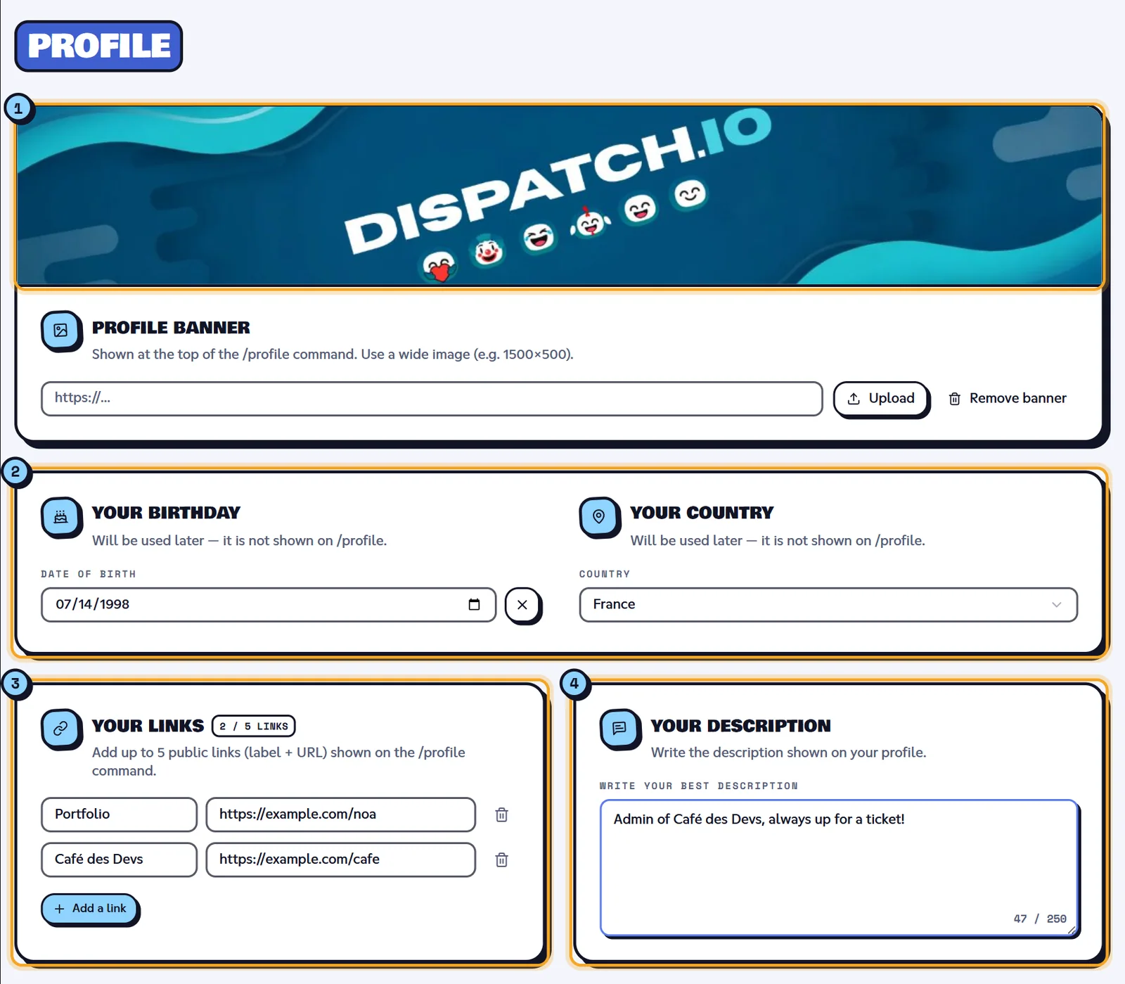 The Profile section: the banner (1), birthday and country (2), links (3) and description (4). Profile section filled with a banner, a date, a country, links and a description