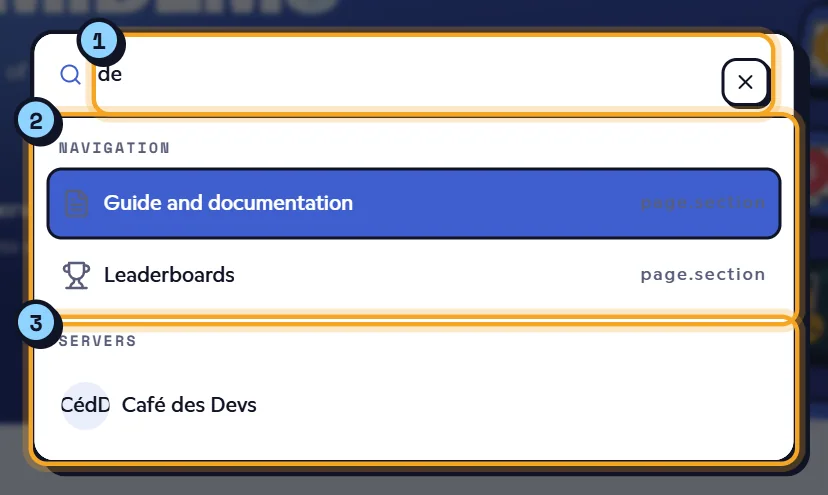 Search window with pages and servers
