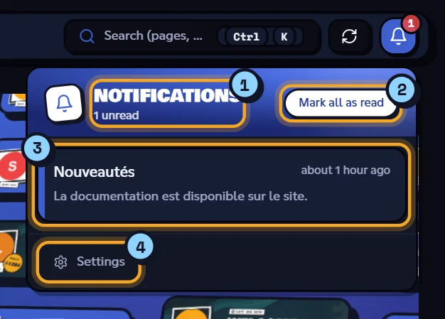 Notifications panel open under the bell
