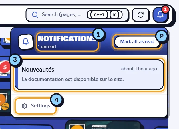 Notifications panel open under the bell