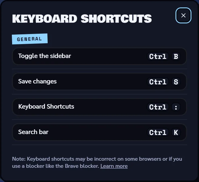 Keyboard Shortcuts window with the list of shortcuts