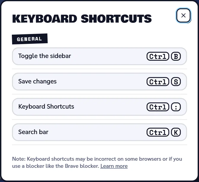 Keyboard Shortcuts window with the list of shortcuts