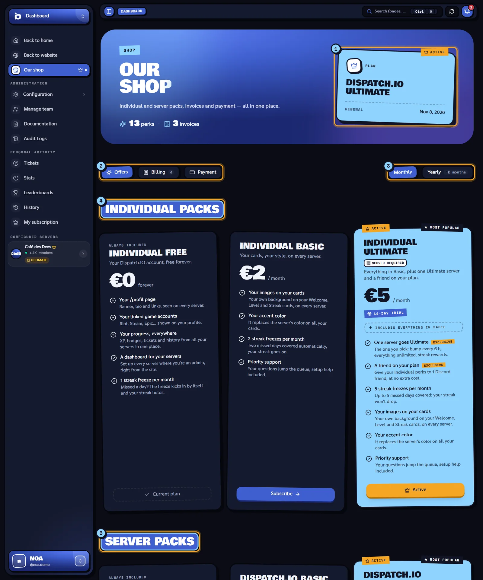 The shop: your current plan (1), the tabs (2), the Monthly or Yearly choice (3), Individual packs (4) and Server packs (5). Our shop page with the current plan, the tabs and the packs