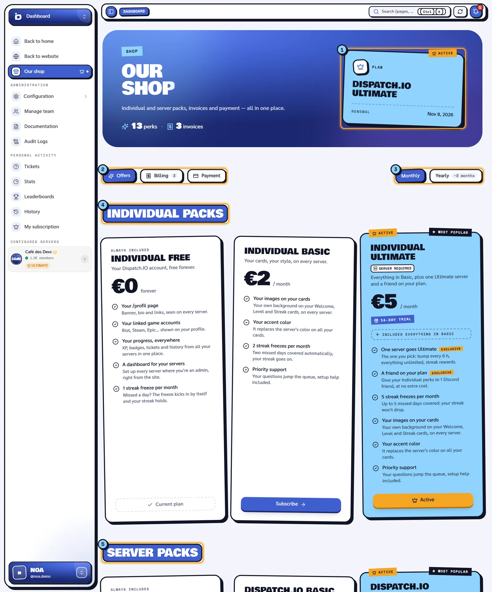 The shop: your current plan (1), the tabs (2), the Monthly or Yearly choice (3), Individual packs (4) and Server packs (5). Our shop page with the current plan, the tabs and the packs